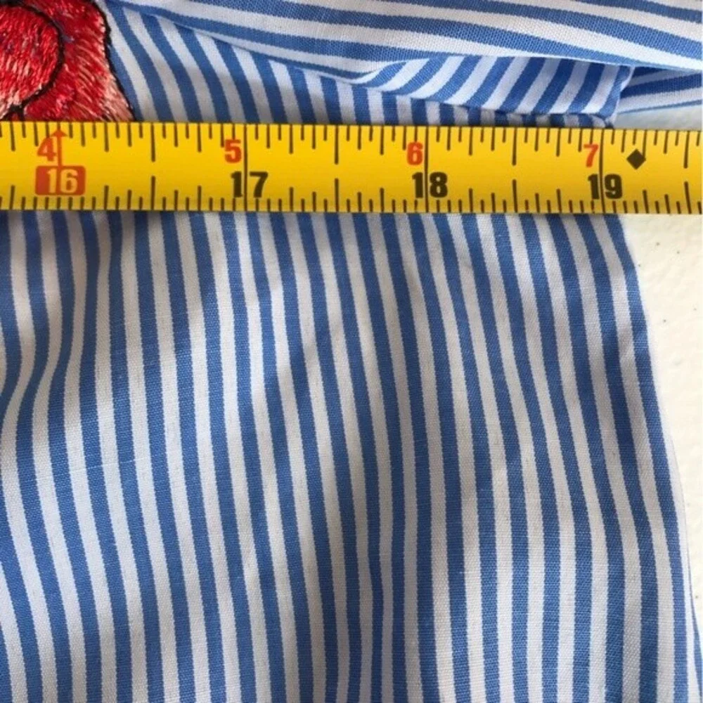 Miley + Molly Off Shoulder Tie Sleeve Blue White Stripe Embroidered Dress Large